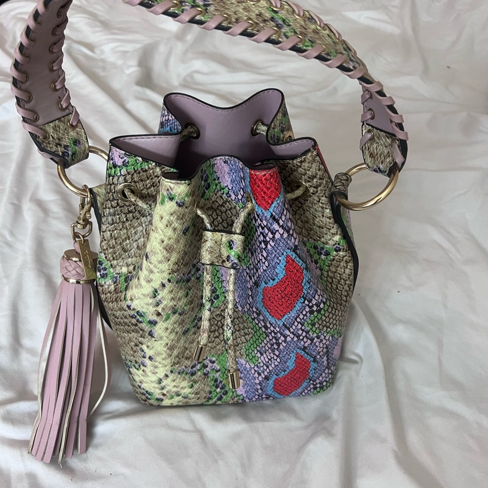Vibrant Pink, Red and Blue Shoulder Bucket Bag with Snake Print Design